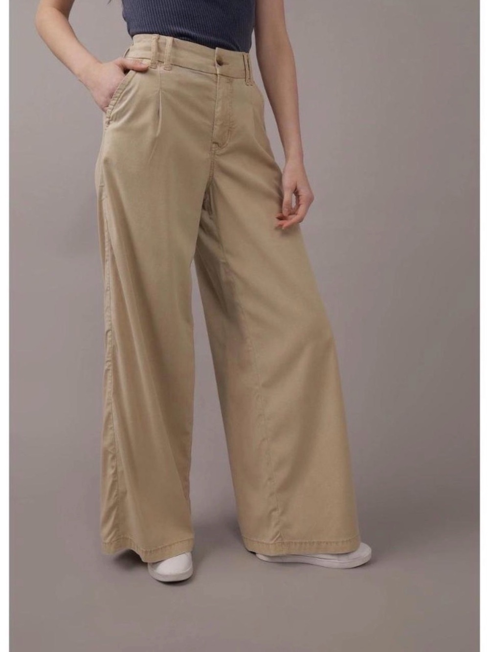 American Eagle Women Khaki Stretch Super High-Waisted Baggy Wide-Leg Trouser 14R